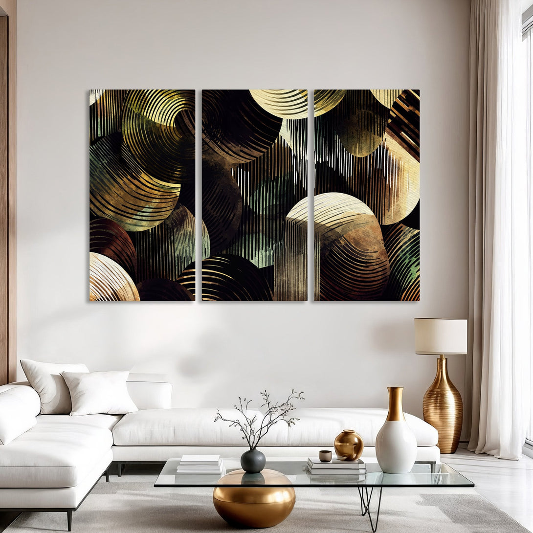Abstract Canvas Print art in a modern interior. Features a geometric design with gold, brown, and green tones. Perfect for contemporary home decor.