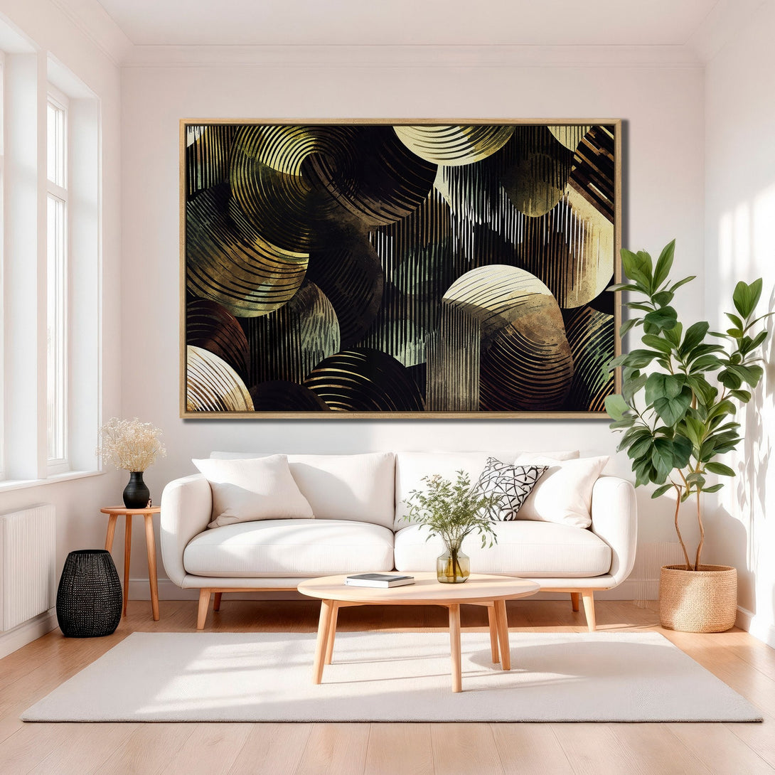 Framed Wall Art: Abstract geometric art print in gold, black, and white. Modern art canvas print adds a touch of elegance to any living room.