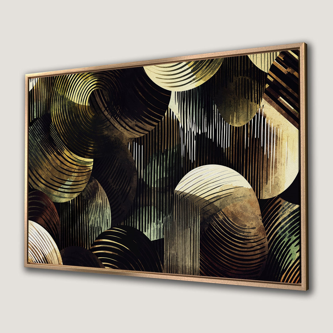 Framed Wall Art featuring an abstract geometric design in a warm, earthy color palette. Modern art for your home decor.