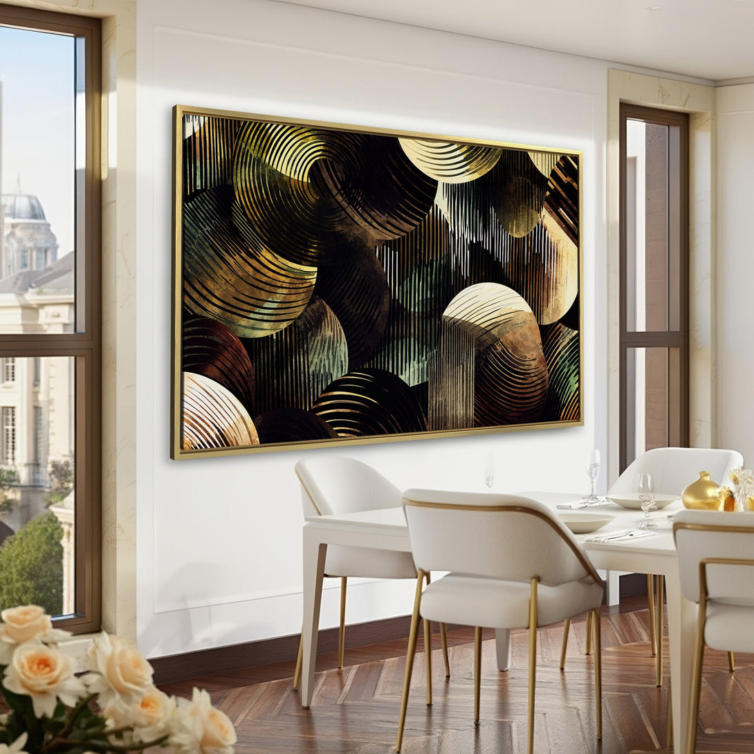 Abstract Canvas Print in a modern office setting. Features a gold, black, and green color palette. Perfect for adding a touch of elegance.