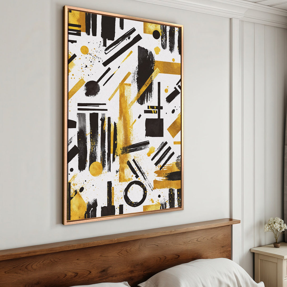 Framed Wall Art: Modern abstract art print in black, gold, and white. Adds a touch of elegance to any space. Shop now for unique wall decor!