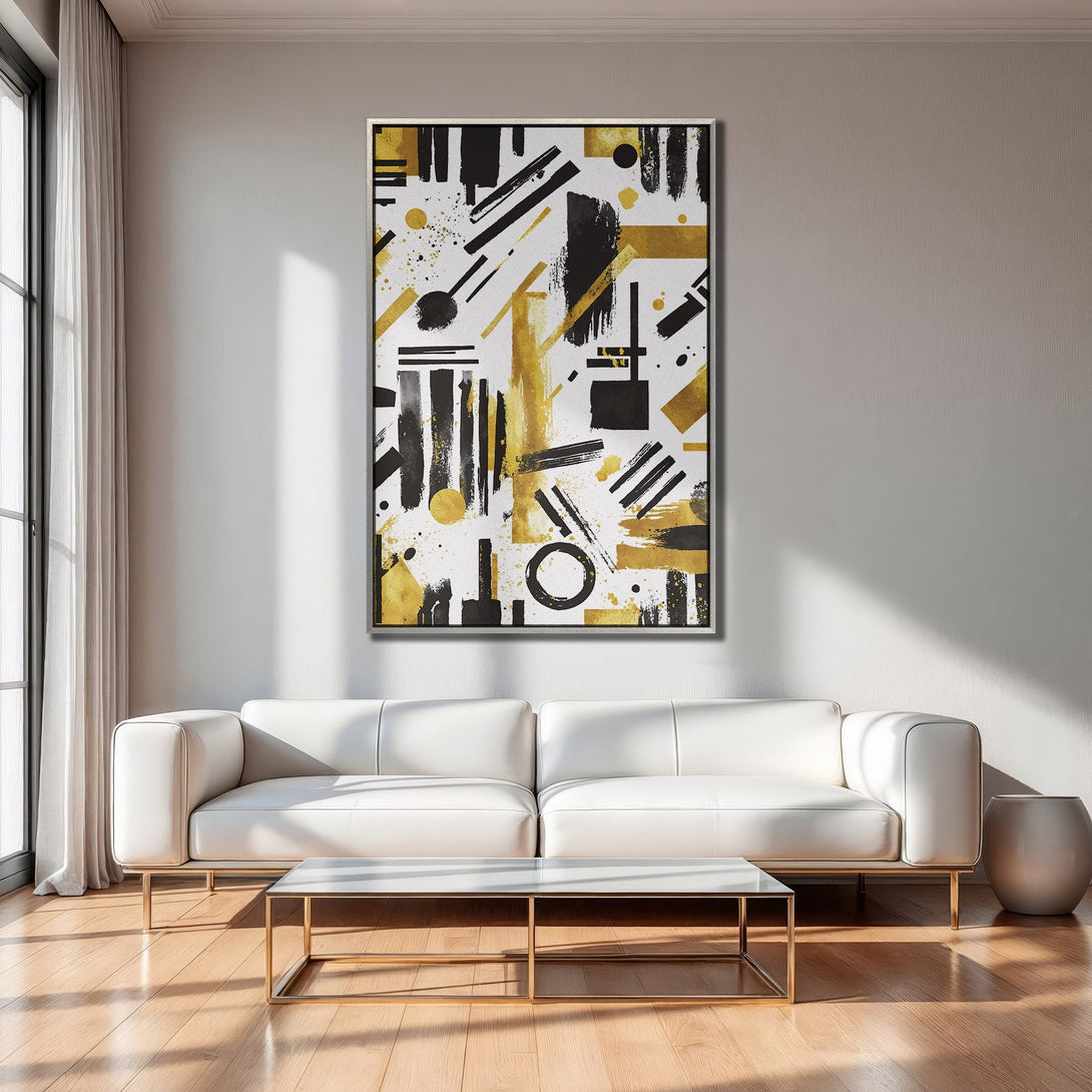 Framed Wall Art: Modern abstract design in black, gold, and white. Perfect for living room decor. Enhance your space with this stylish canvas print.