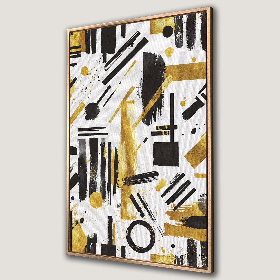 Framed Wall Art: Abstract brushstroke design in black and gold on white canvas. Modern art piece for home decor.