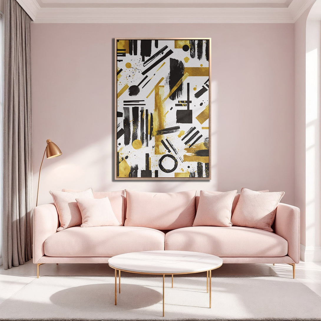 Framed Wall Art: Abstract black & gold brushstroke art in a modern living room. Stylish Canvas Print with a blush pink and gold color palette.