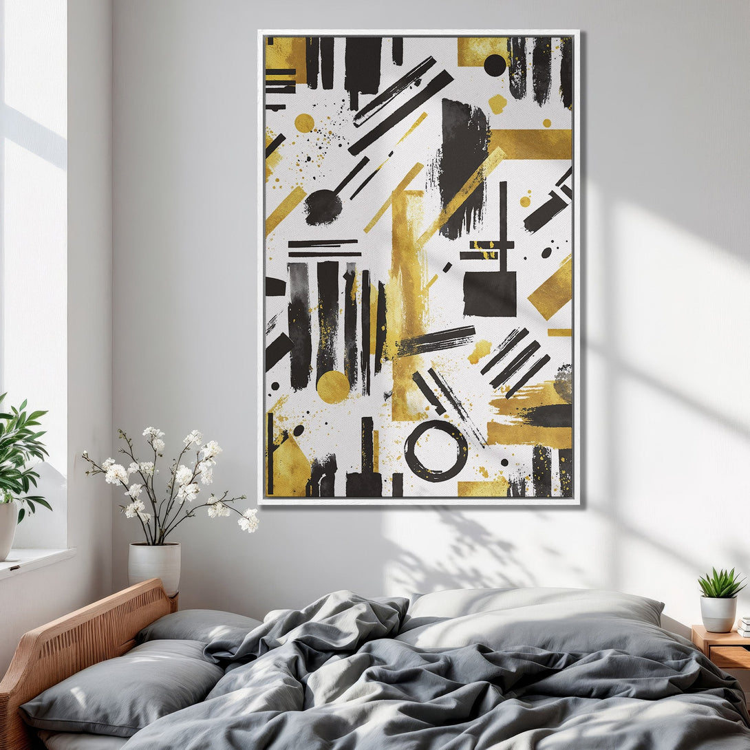 Framed Wall Art: Abstract black & gold brushstroke design Canvas Print. Modern art for bedroom decor, featuring a neutral color palette.