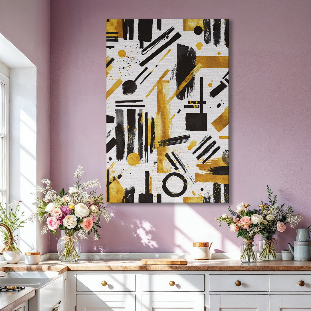 Framed Wall Art: Modern abstract art print in black, gold, and white. Stylish artwork for living room decor. Enhance your space with this contemporary design.