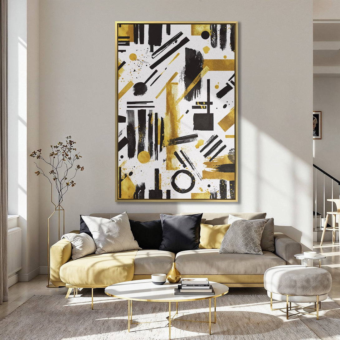 Abstract Canvas Print with black, gold, and white geometric shapes. Modern wall art for your home decor.