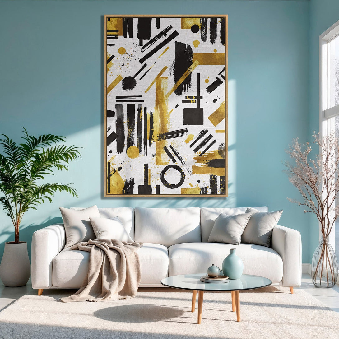 Framed Wall Art: Abstract black, gold, and white canvas print. Modern art in a living room with a blue wall, adding a touch of elegance.