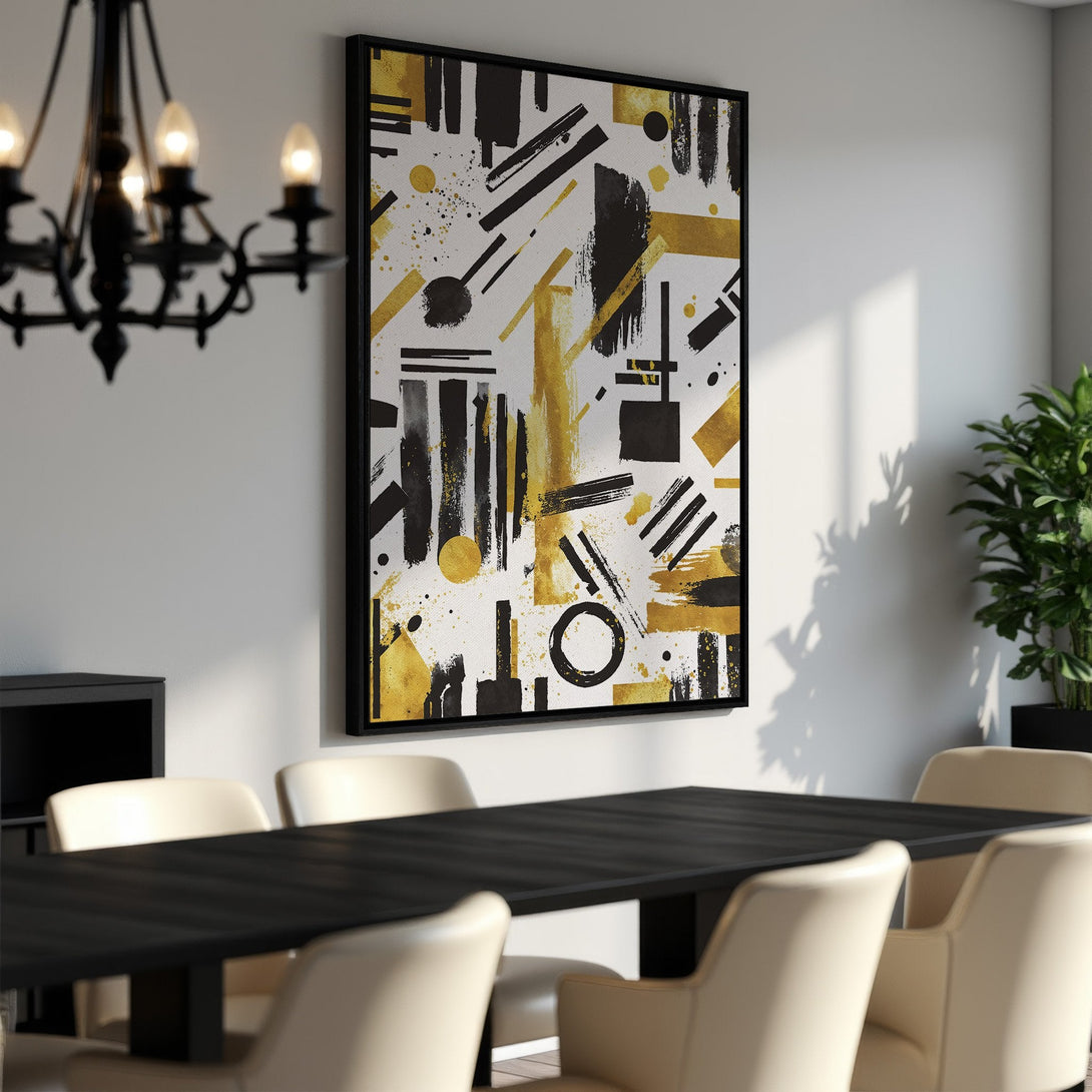 Framed Wall Art featuring abstract black and gold brushstrokes on a white canvas, perfect for modern dining room decor. Elevate your space with this stylish art piece!