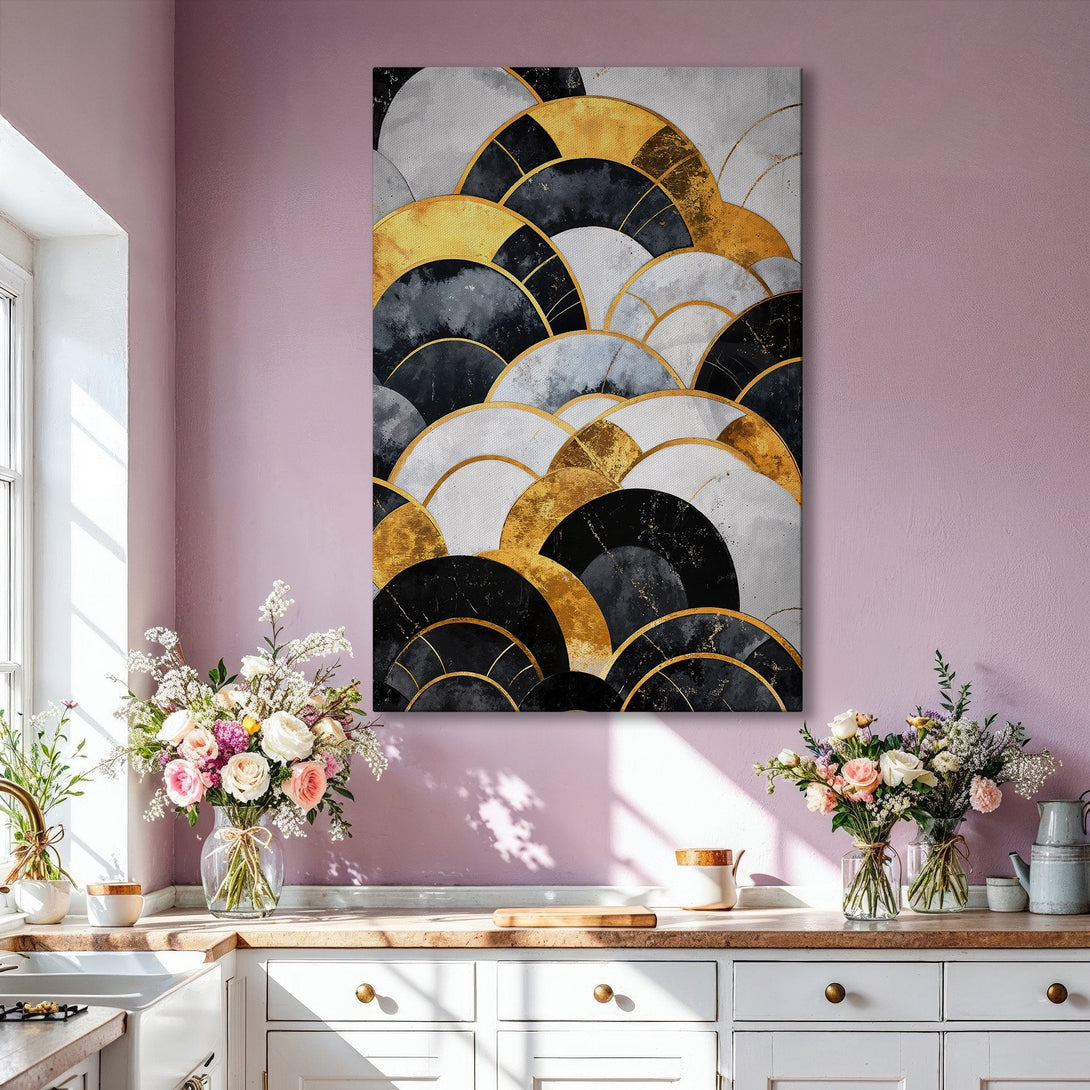 Framed Wall Art: Abstract geometric design in gold, black, and white. Modern canvas print adds a touch of elegance to any living room. Shop now!