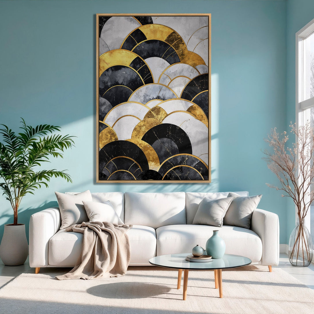Framed Wall Art: Abstract geometric design in gold, black, and gray. Modern canvas print adds a touch of elegance to any living room.