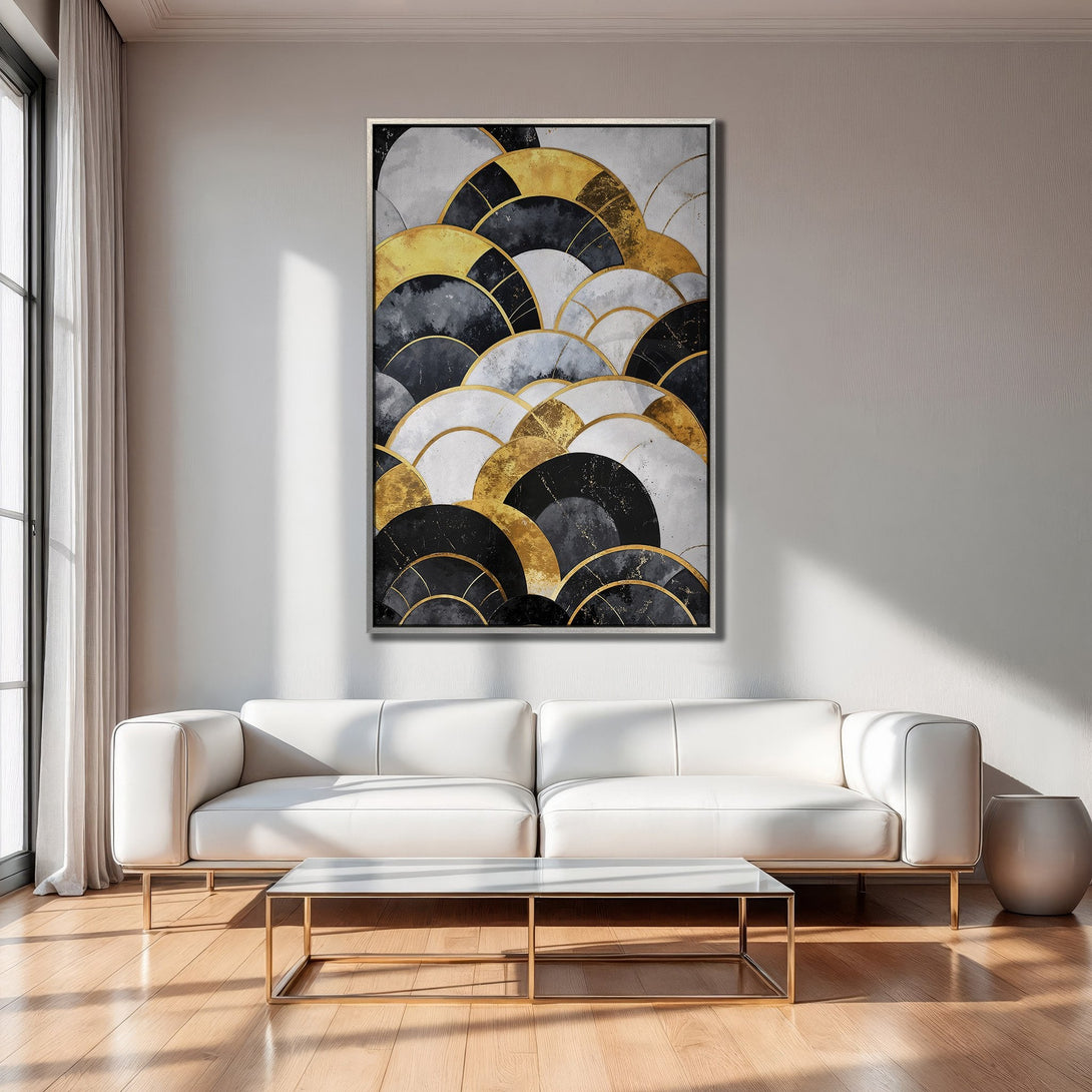 Framed Wall Art: Modern abstract art Canvas Print with gold, black, and white geometric design. Perfect for living room decor, adds a touch of luxury.