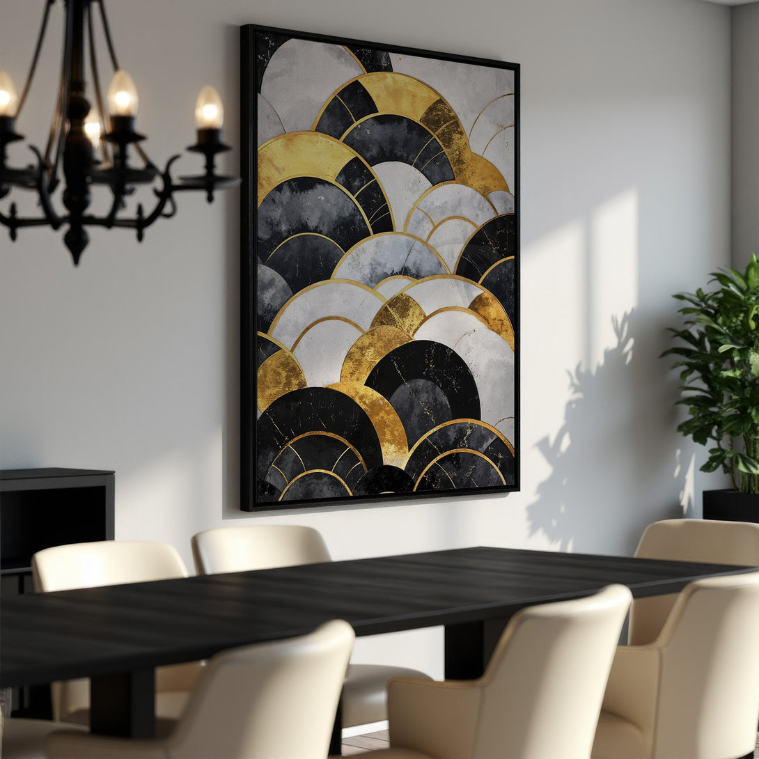Framed Wall Art: Abstract geometric design in black, gold, and gray. Modern canvas print adds a touch of elegance to any dining room.