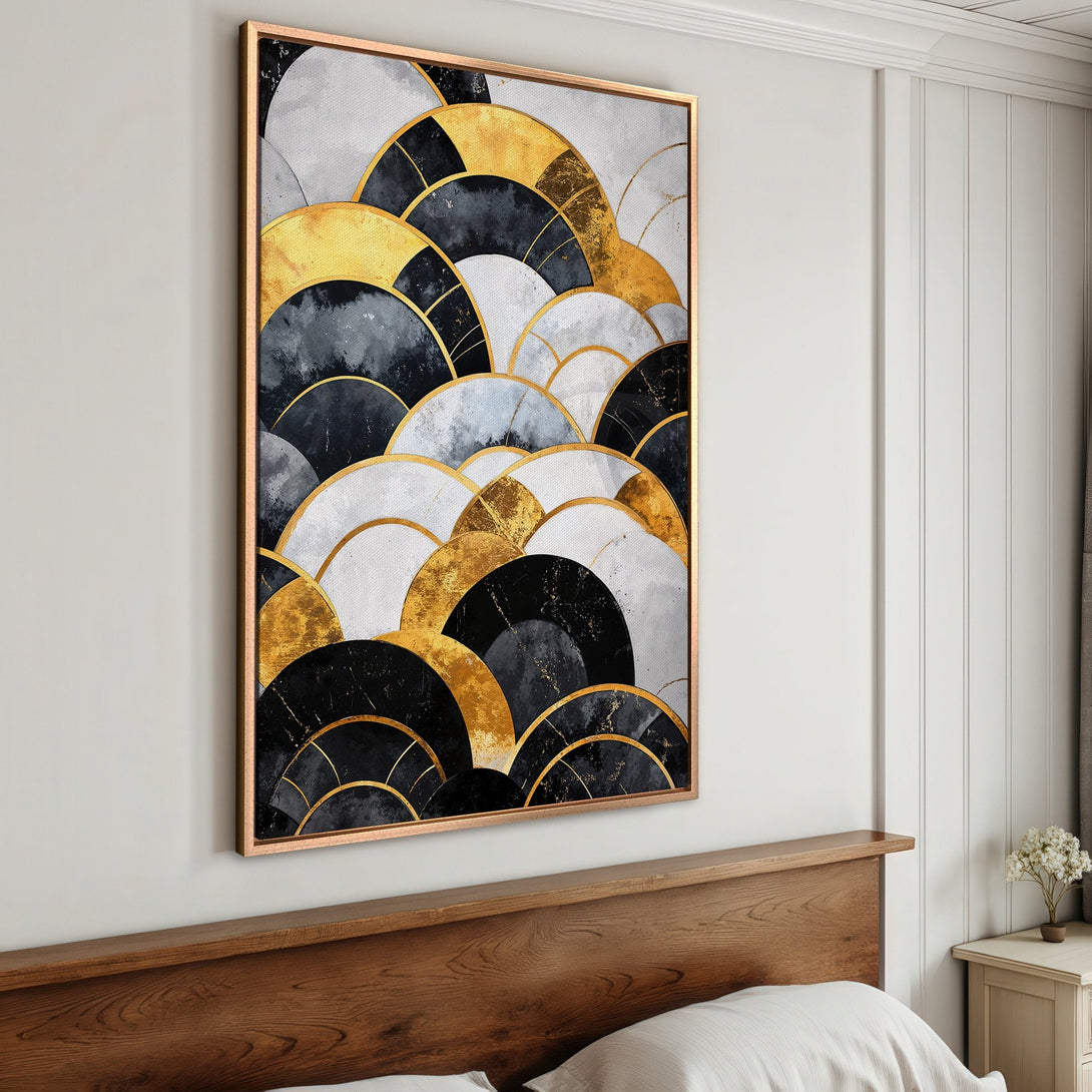 Framed Wall Art featuring an abstract geometric design in gold, black, and white. Modern art piece for bedroom decor.