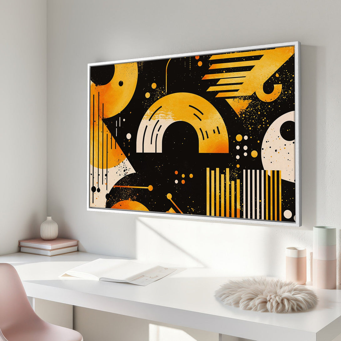 Framed Wall Art: Abstract geometric design in black, orange, and white. Modern art canvas print for a stylish home decor upgrade.