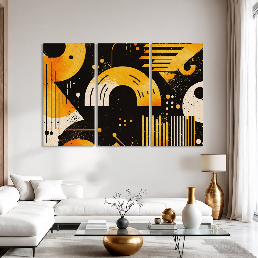 Canvas Print: Modern abstract art in yellow, black, and cream. Geometric shapes create a stylish focal point for any living room. Elevate your decor!