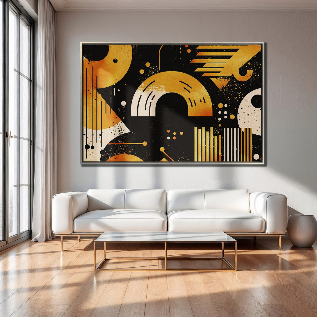 Framed Wall Art: Modern abstract art Canvas Print in gold and black, perfect for living room decor. Geometric design with a warm color palette.