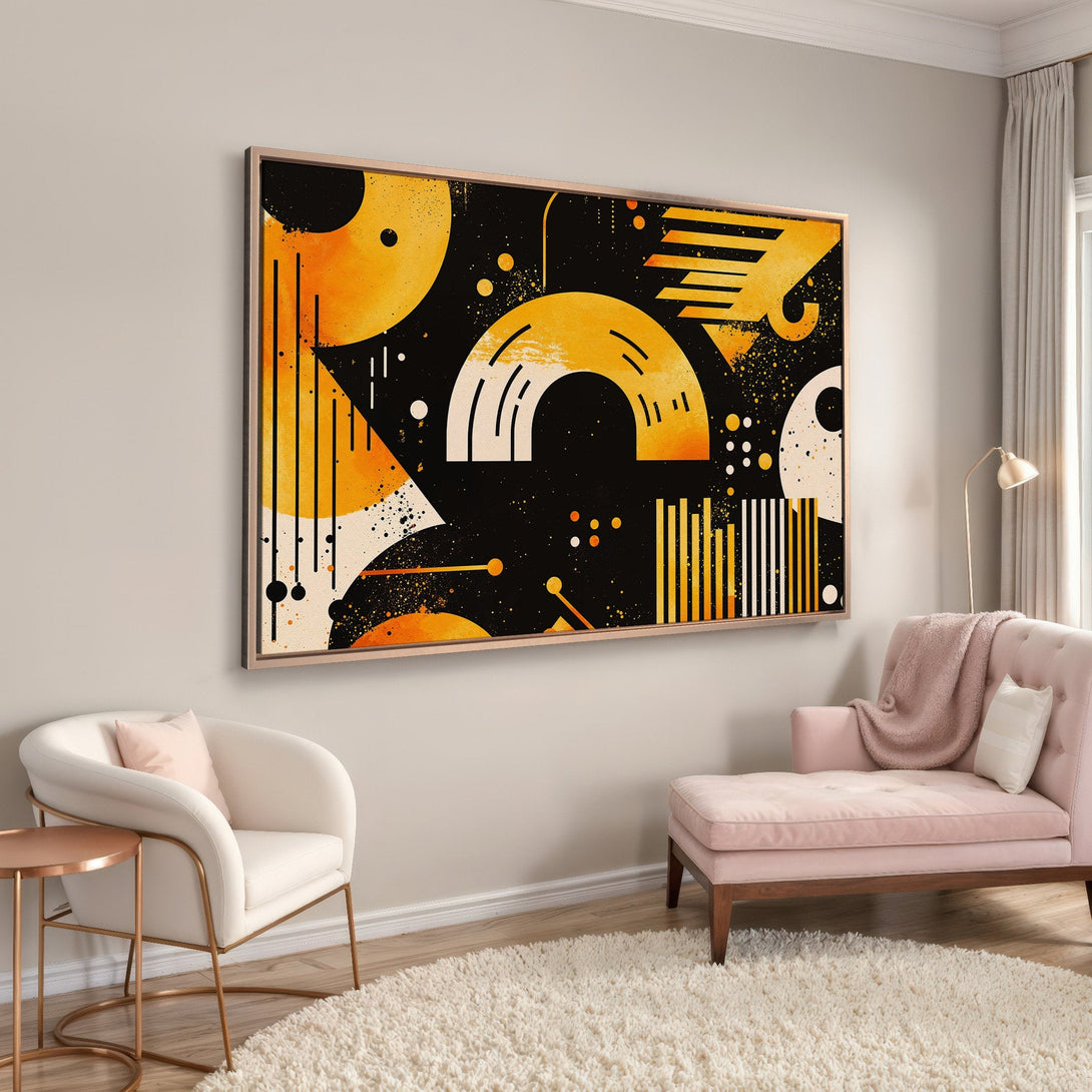 Framed Wall Art: Modern abstract Canvas Print in black, orange, and white. Perfect for adding a pop of color and style to your living room.