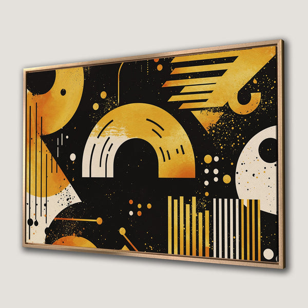 Framed Wall Art featuring an abstract geometric design in a black, gold, and cream color palette. Modern art for your home decor.
