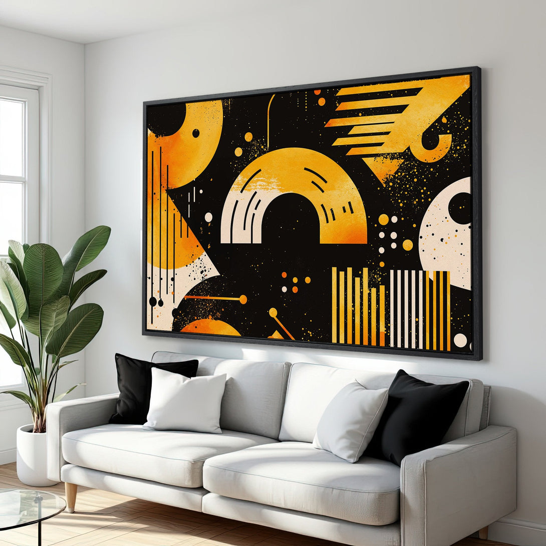 Framed Wall Art featuring abstract geometric design in black, orange, and white. Modern art canvas print perfect for living room decor.