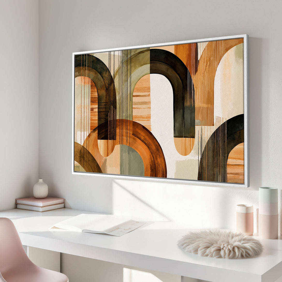 Framed Wall Art featuring abstract arch design in warm earth tones. Modern art canvas print perfect for any interior.