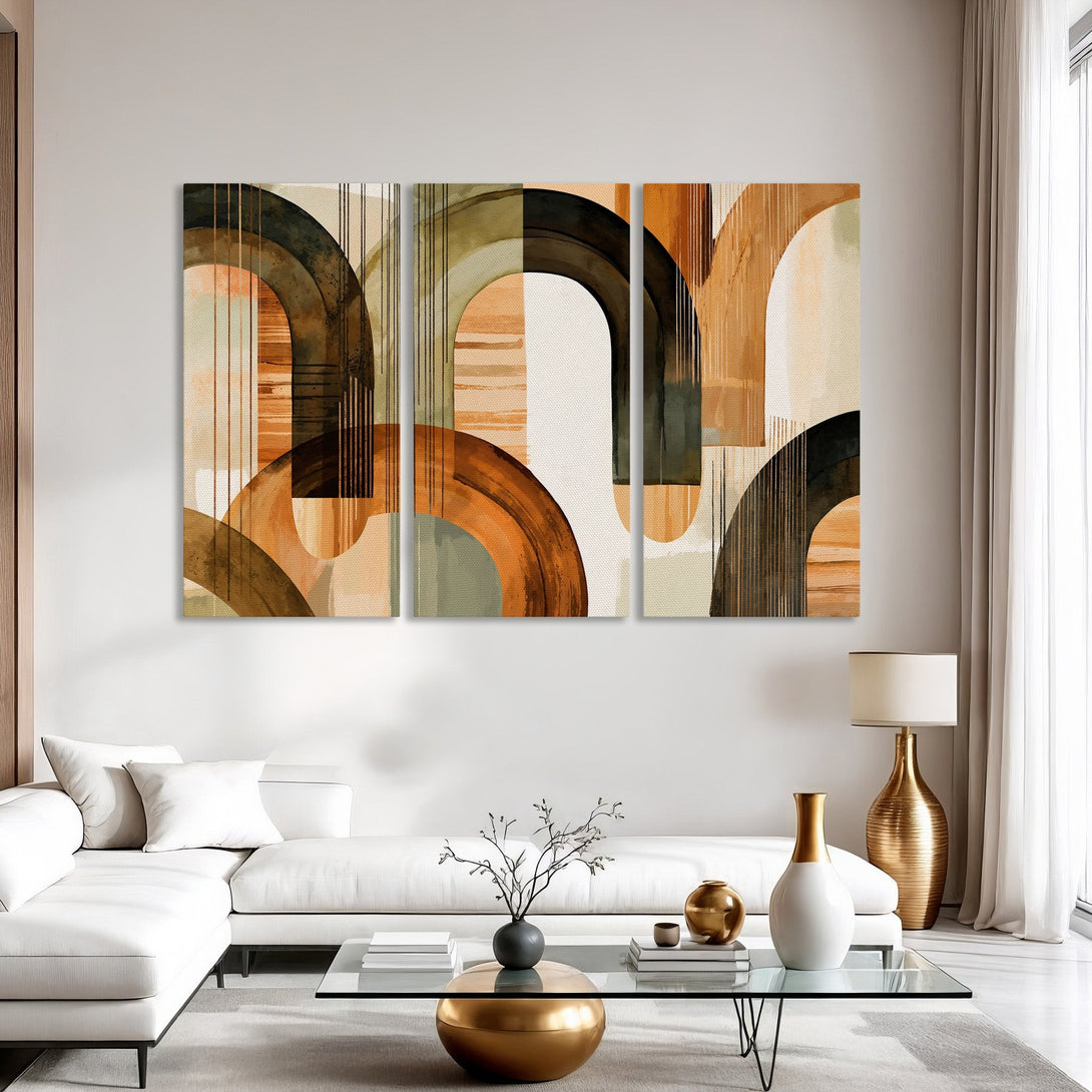 Abstract Canvas Print art in warm earth tones. Modern wall decor with geometric shapes and a neutral color palette, perfect for any living room.