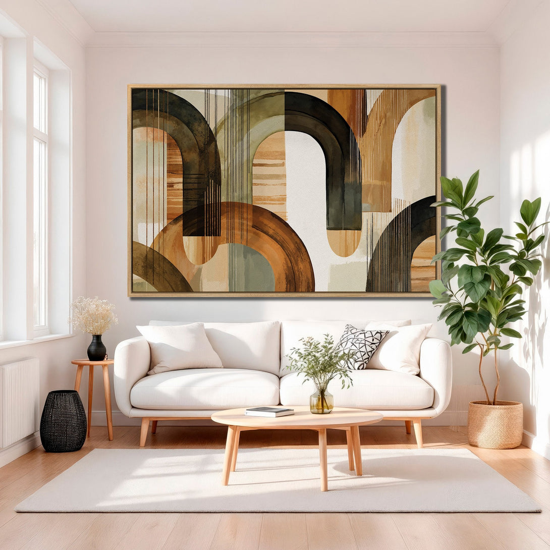 Framed Wall Art featuring abstract geometric art in earthy tones. Modern canvas print perfect for living room decor.