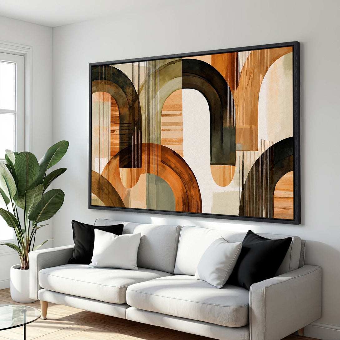 Framed Wall Art: Abstract geometric art print with warm earth tones. Modern artwork perfect for living room decor.