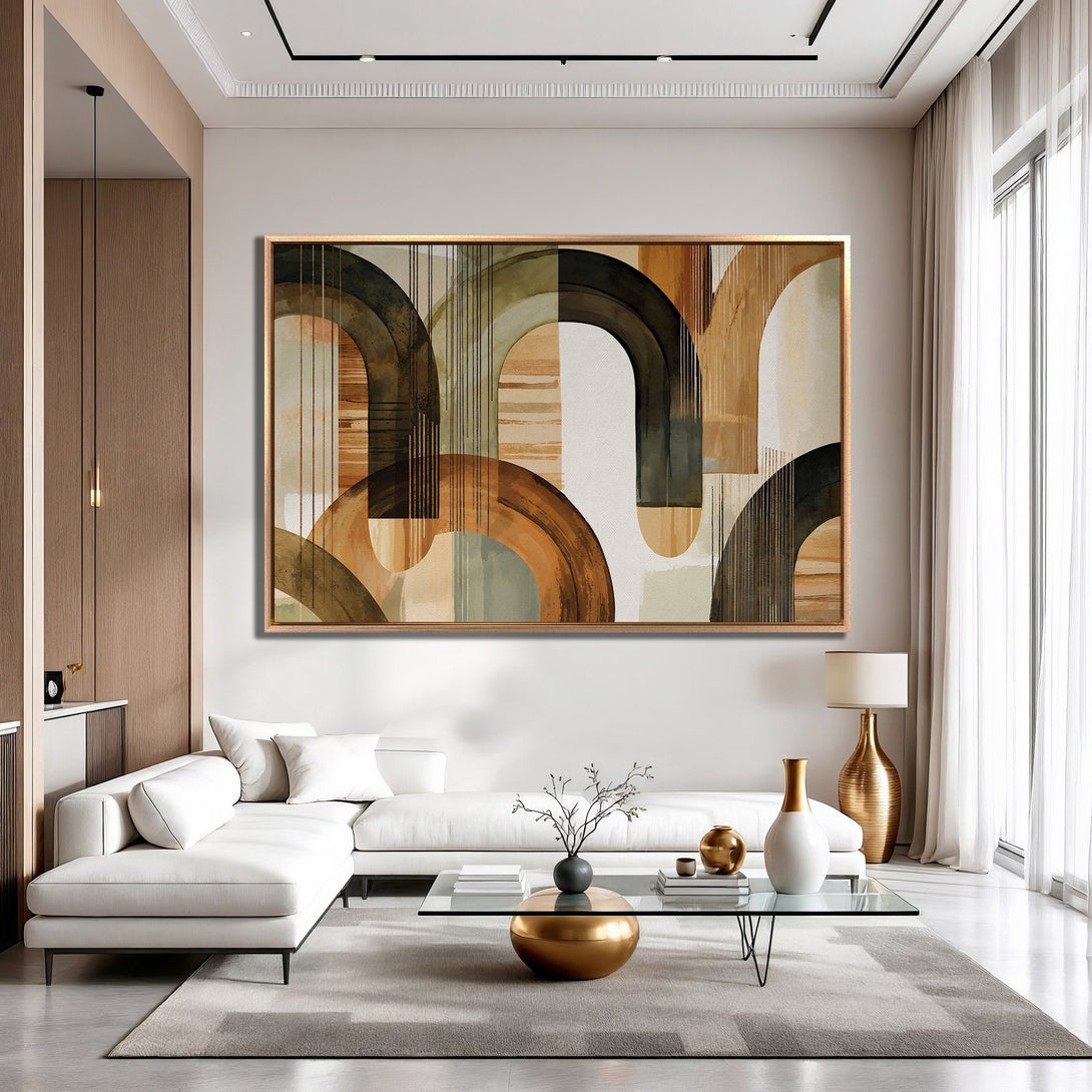 Framed Wall Art featuring an abstract design in earthy tones. Modern art piece with brown, beige, and green palette, perfect for living room decor.