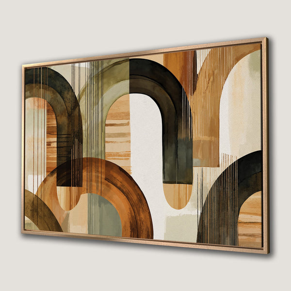 Framed Wall Art: Abstract geometric art in warm earth tones. Modern canvas print with arches and lines, perfect for a stylish home.