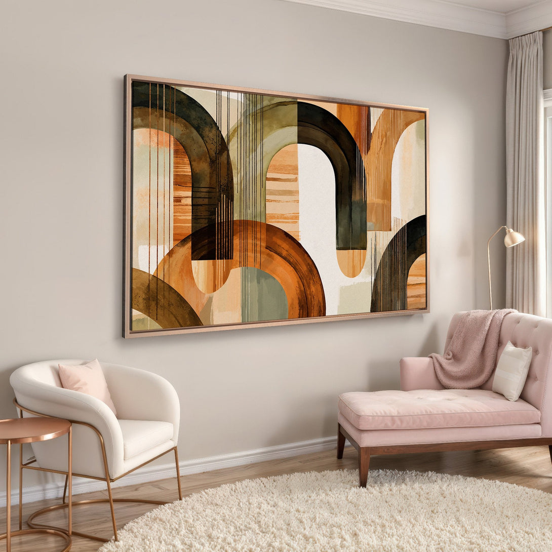 Framed Wall Art: Abstract geometric art in warm earth tones. Modern canvas print adds a stylish touch to any living room.