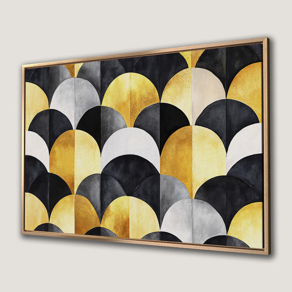 Framed Wall Art featuring a geometric pattern in black, gold, and gray. Modern abstract art for your home decor.