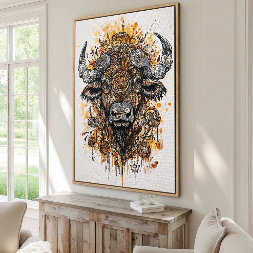 Framed Wall Art: Stunning bison illustration in watercolor style, featuring a warm orange and brown color palette. Perfect statement piece for your home!
