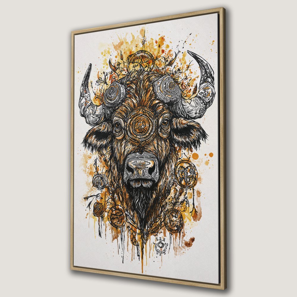 Framed Wall Art: Majestic buffalo illustration in earthy tones. Perfect for adding a touch of bohemian style to your home decor.