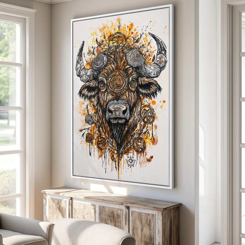 Framed Wall Art: Boho-style buffalo print with warm orange and brown hues. Add a touch of rustic elegance to your home decor.