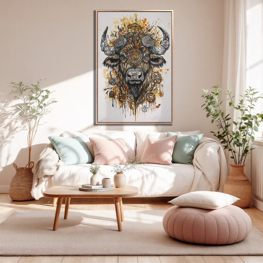Framed Wall Art: Stunning buffalo art print in warm earth tones. Perfect for living room decor. Shop now for unique home accents!