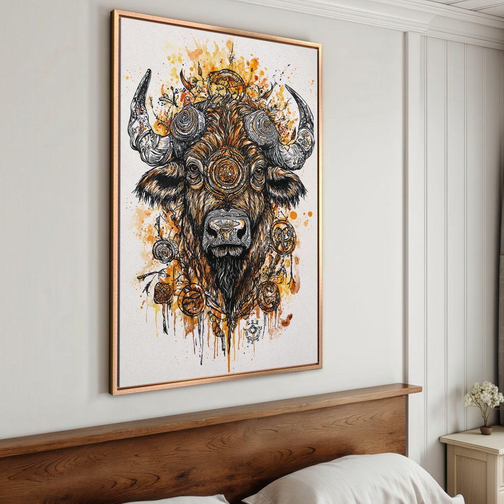 Framed Wall Art: Buffalo head watercolor print in warm orange and brown tones, perfect for rustic or bohemian decor.