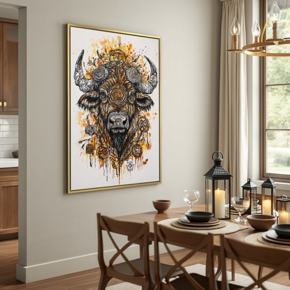 Canvas Print featuring a detailed bison illustration in watercolor style, with a warm brown and orange color palette.