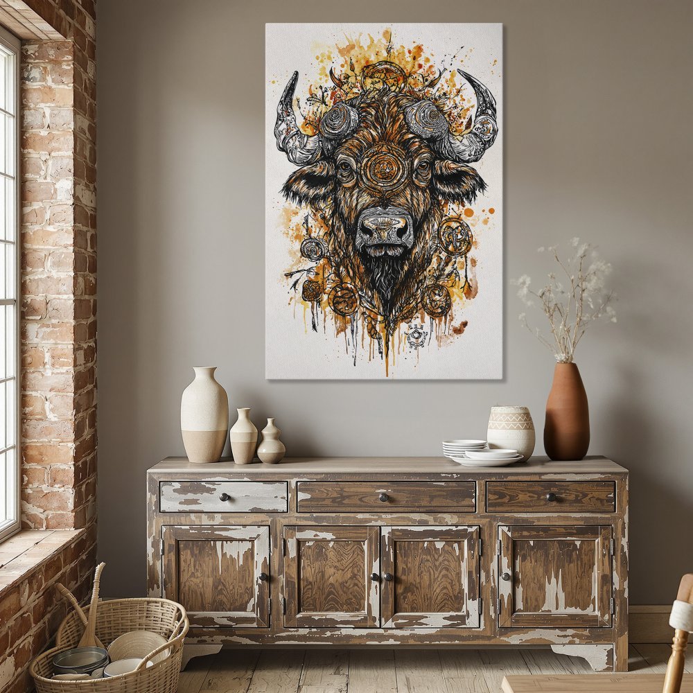 Framed Wall Art: Buffalo portrait in watercolor style, warm orange & brown palette, perfect for rustic home decor.