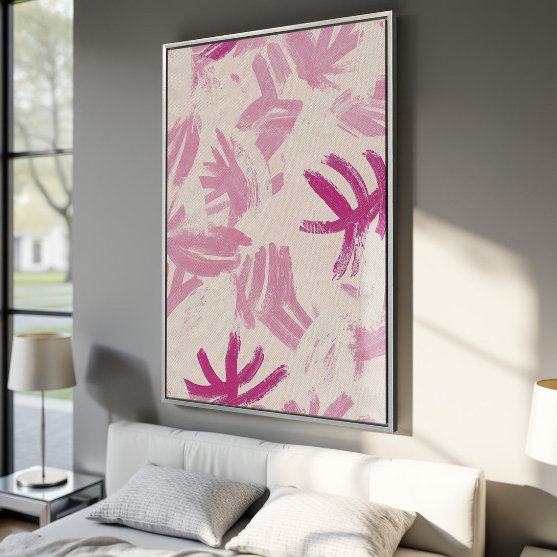 Framed Wall Art featuring abstract pink brushstrokes on a neutral background. Modern art canvas print perfect for bedroom decor.