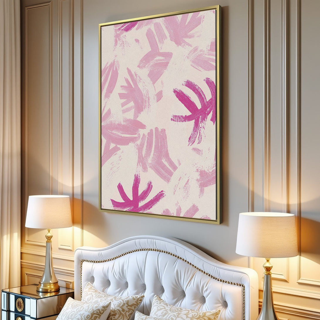 Abstract Canvas Print in a modern living room. Features a pink and cream color palette with brushstroke floral design. Perfect wall art!