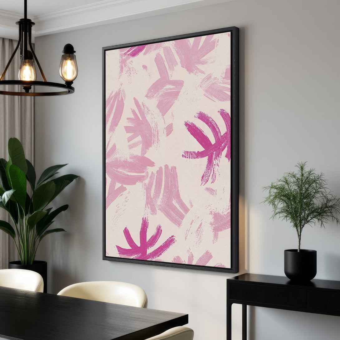 Framed Wall Art featuring abstract pink brushstrokes on a neutral background. Modern art canvas print perfect for adding a pop of color to your home decor.