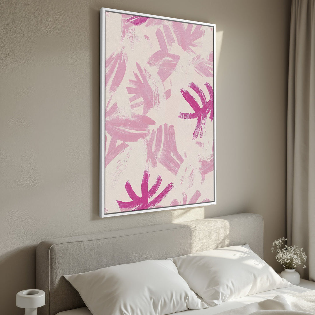 Framed Wall Art featuring abstract pink brushstrokes on a neutral background. Modern art print perfect for bedroom decor, adding a pop of color.