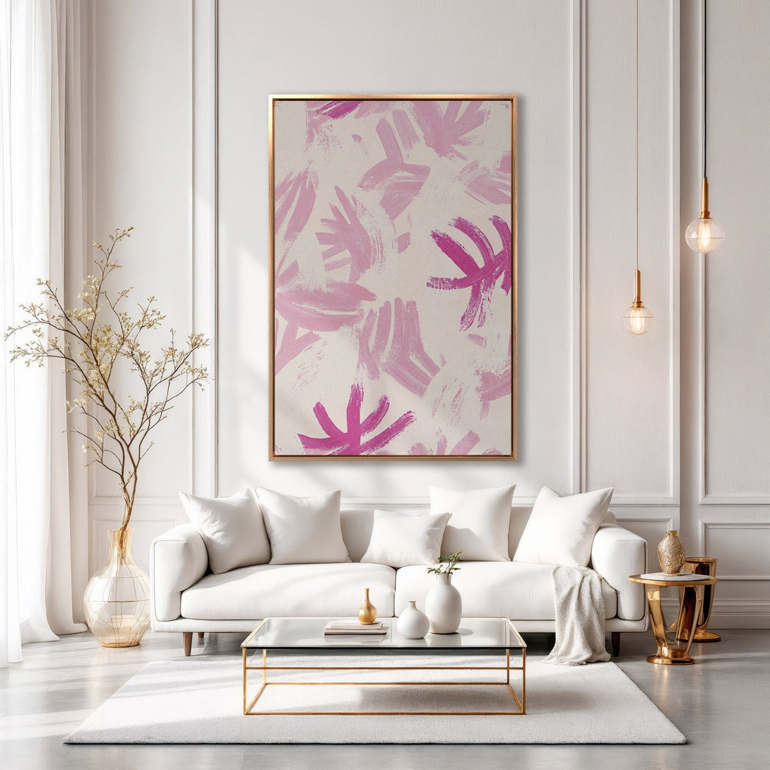 Framed Wall Art: Abstract floral print in pink & beige, adding a touch of modern elegance to any living space. Shop stunning canvas prints today!