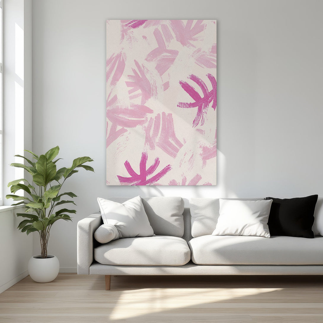 Framed Wall Art with abstract pink brushstrokes on a neutral background. Modern art canvas print adds a pop of color to any interior.