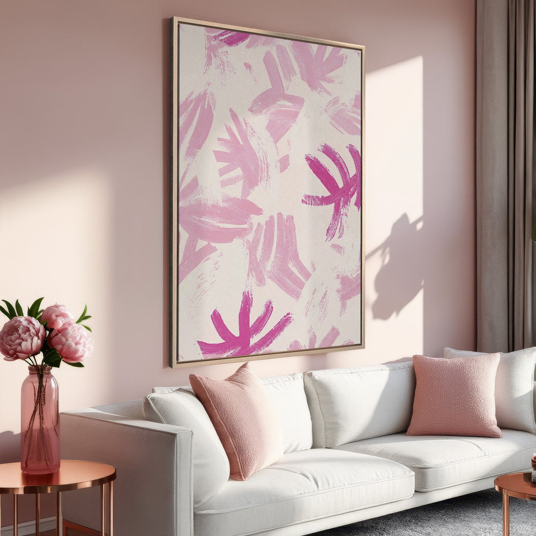 Framed Wall Art featuring abstract pink brushstrokes. Modern decor with a soft pink and white color palette, perfect for adding a touch of elegance to any space.