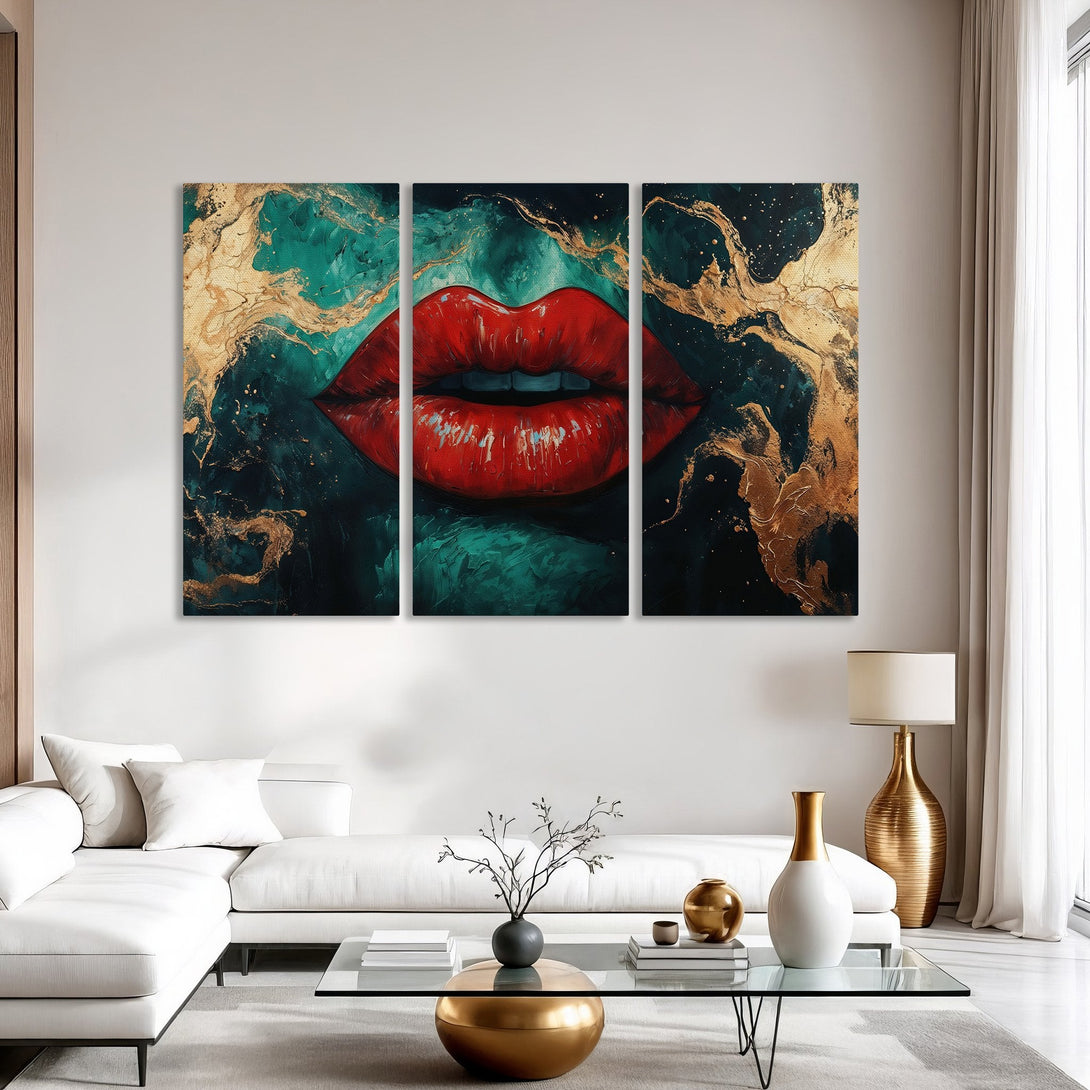 Canvas Print of bold red lips against a teal and gold abstract background. Modern wall art in a luxury interior setting.