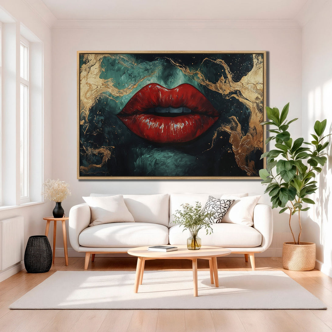 Framed Wall Art featuring bold red lips on a dark teal and gold abstract background. Elevate your space with this modern Canvas Print.