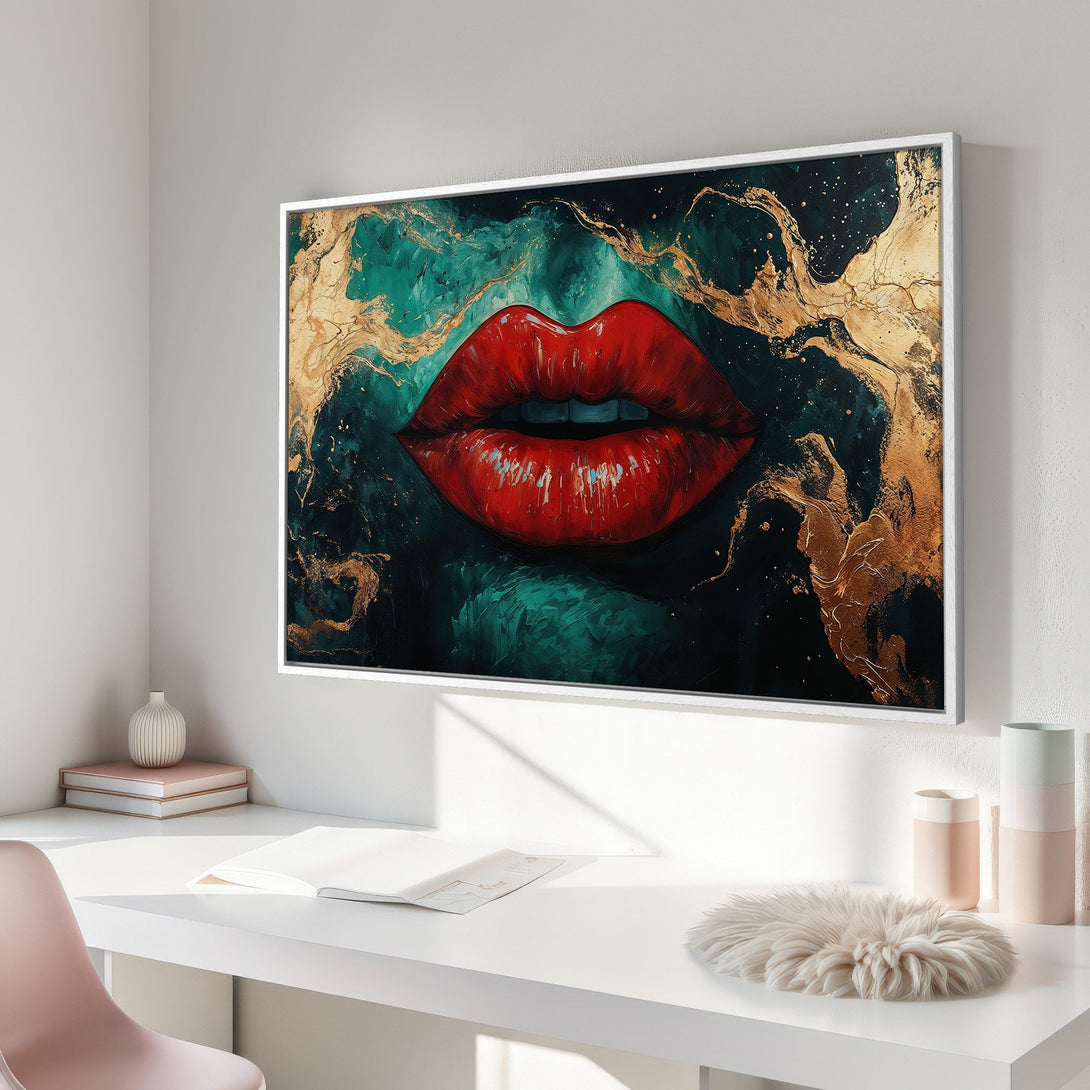 Framed Wall Art: Bold red lips canvas print with abstract teal and gold background. Modern art for a stylish home.