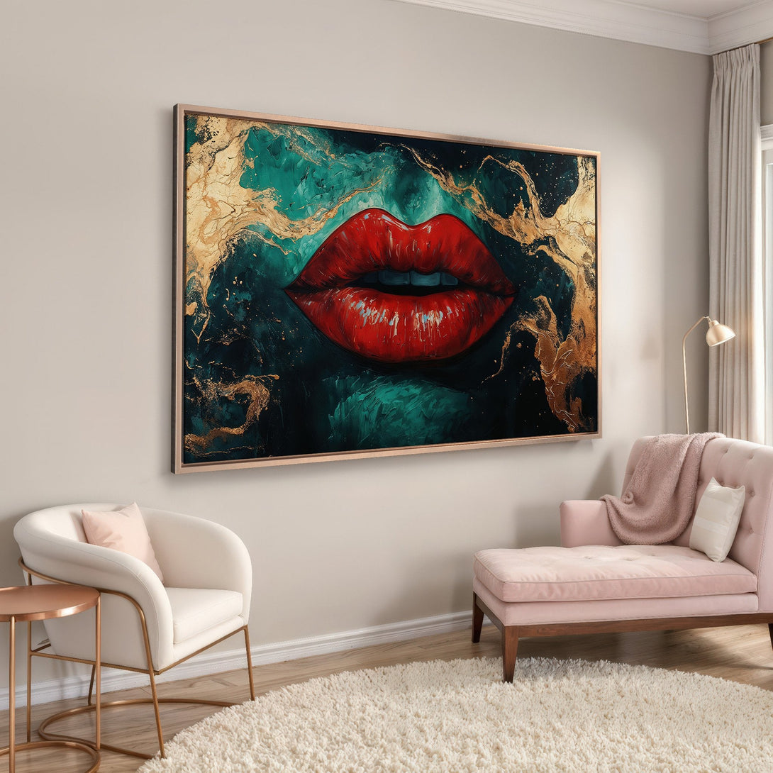 Framed Wall Art featuring bold red lips against a teal and gold abstract background. Modern art canvas print adds a pop of color to any space.